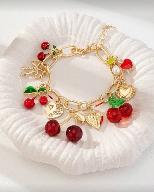 Handmade Golden Cherry Bow Heart Charm Bracelet, Chunky Chain Bracelets, Spring/Summer Jewelry