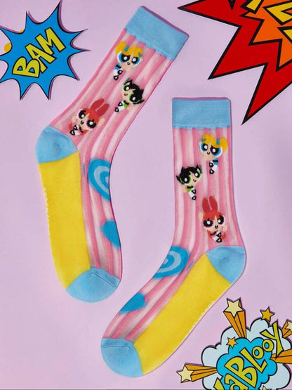 THE POWERPUFF GIRLS 2 Pairs Super Thin Cartoon Heart & Polka Dot Pattern Socks Crystal Stockings For Women, Breathable & Soft, Suitable For Spring & Summer Daily Wear,Y2K