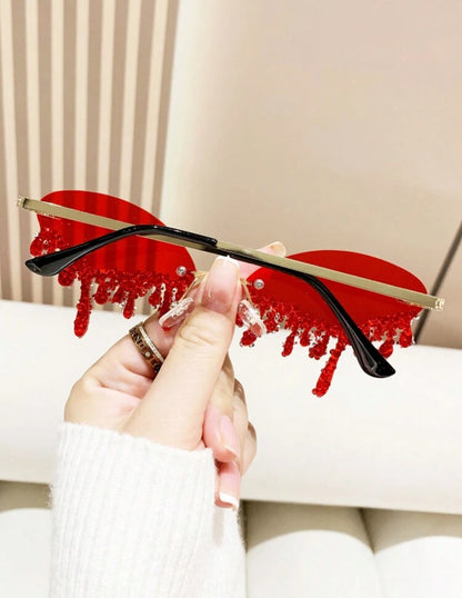 Metal-Free Rimless Red Angel Teardrop Rhinestone Fashionable Eyeglasses
