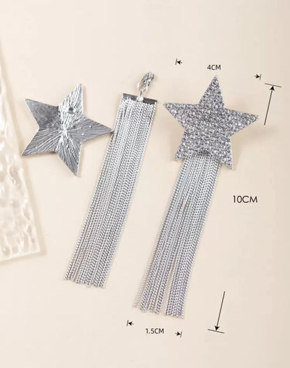 Fashionable Rhinestone Pentagram Chain Tassel Reversible Silver Luxury Earrings, Elegant Jewelry Gift For Party