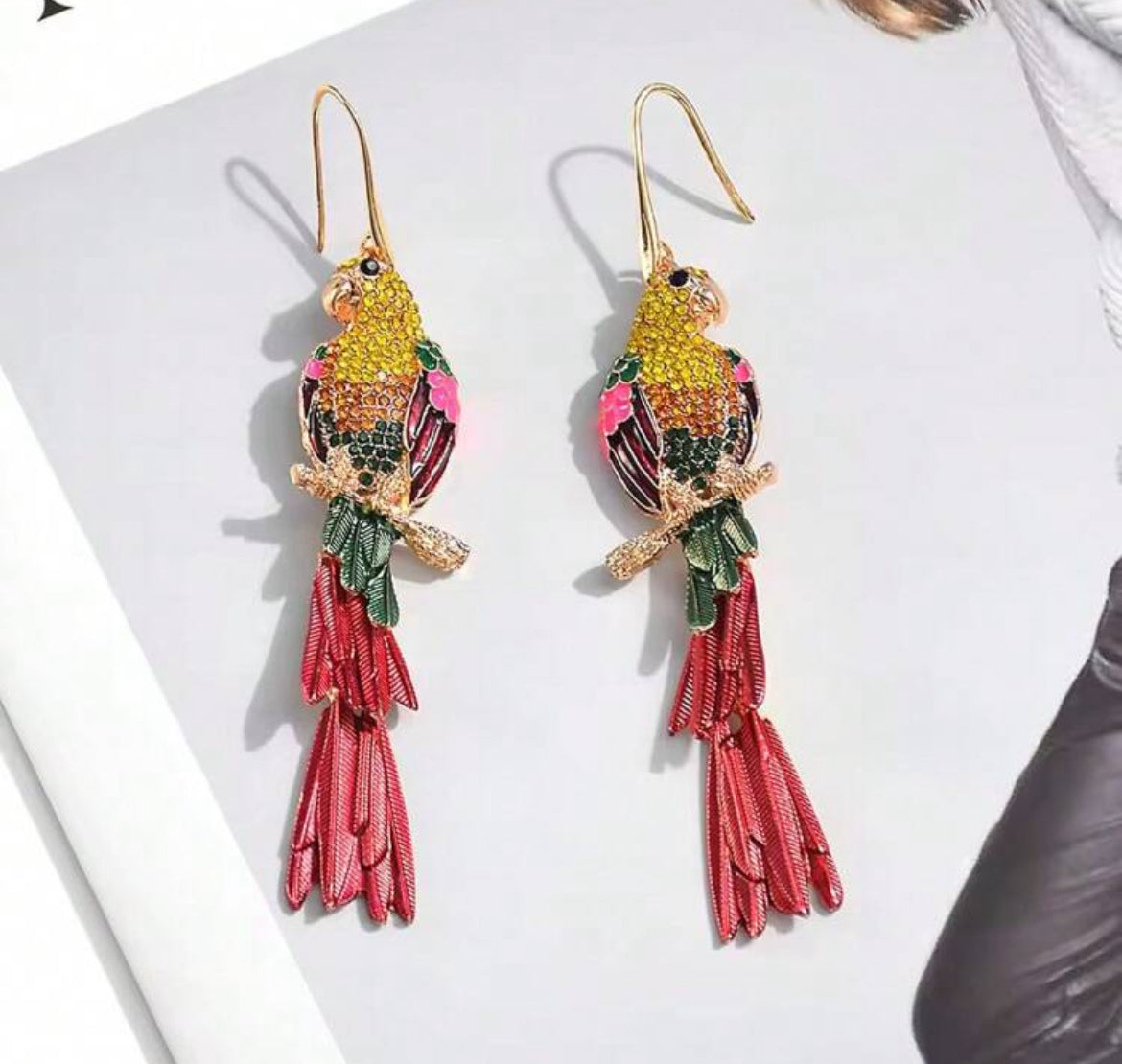Exaggerated Zinc Alloy Enamel Earrings, Creative Geometric Animal Parrot Rhinestone Dangle Earrings For Women