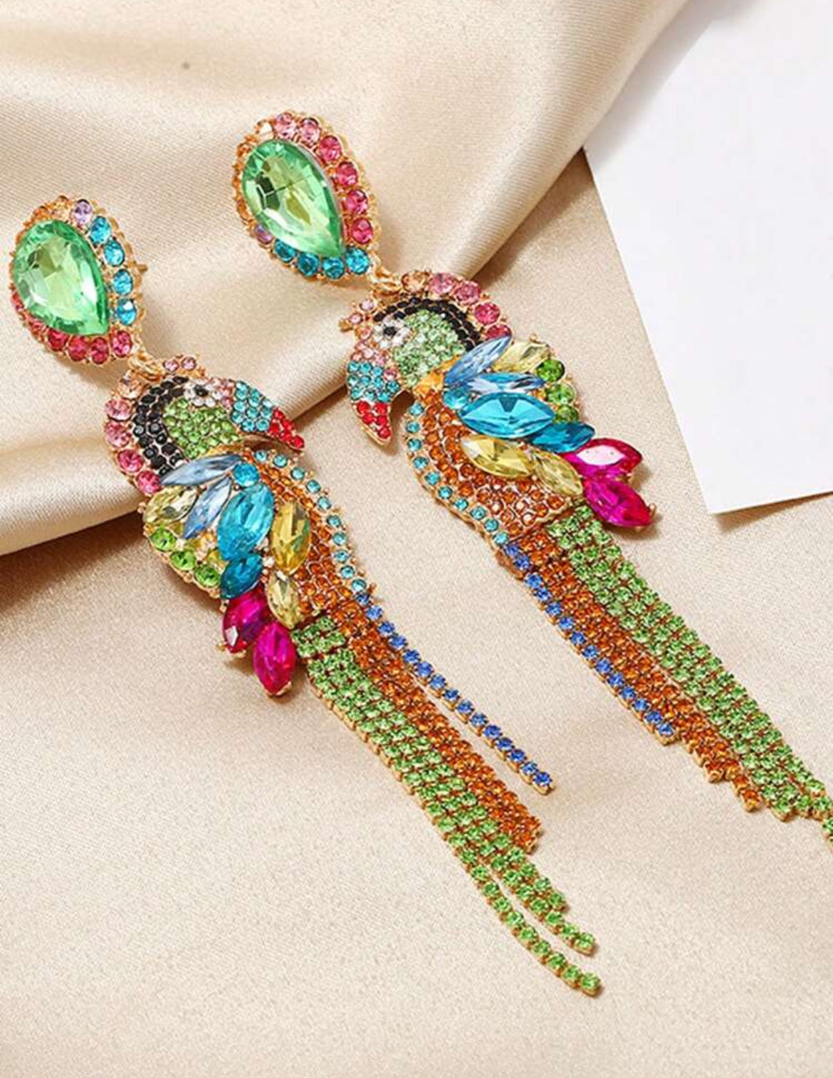 Colorful Rhinestone Studded Long Parrot Earrings