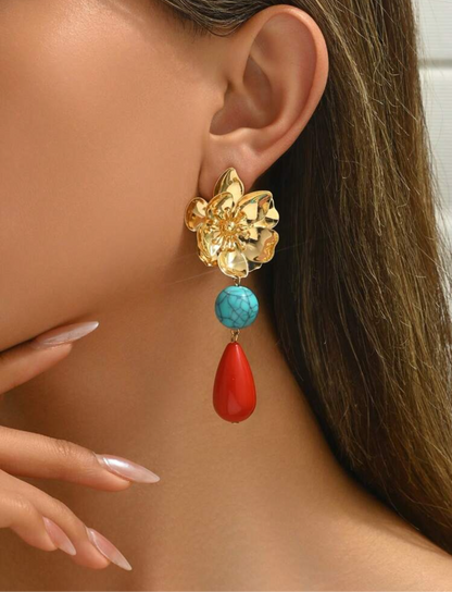 Vintage Bohemian Metal Flower Petal Golden Stamen, Ripple Ceramic Pendant And Asymmetrical Blue Resin Block Combo Earrings