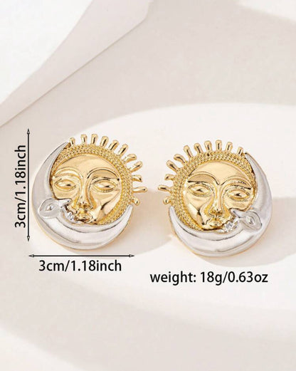 Metal Geometric Sunflower Smiling Face Moon Design Earrings