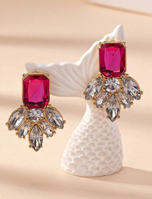 Fuchsia Gemstone Geometric Flower Elegant Earrings