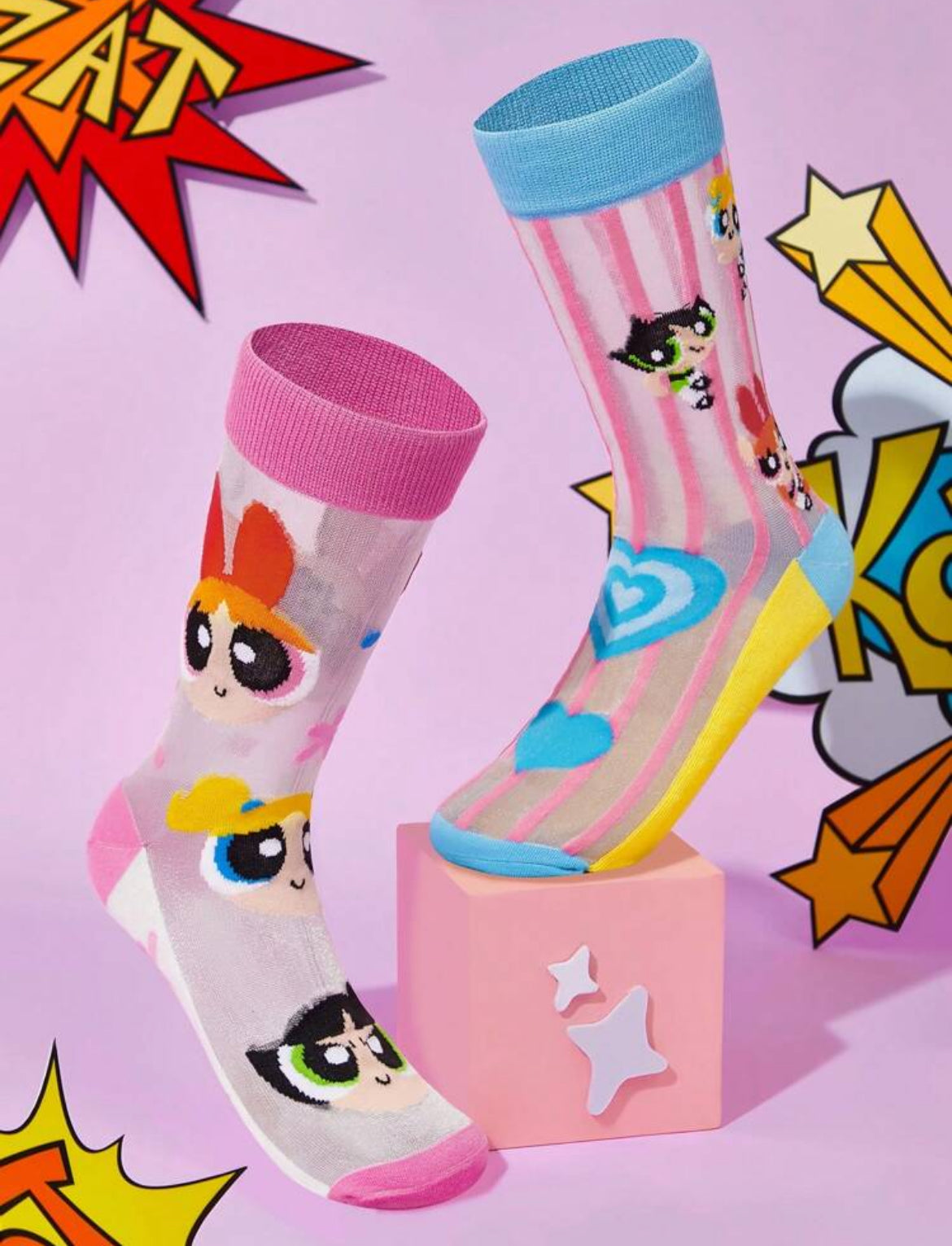 THE POWERPUFF GIRLS 2 Pairs Super Thin Cartoon Heart & Polka Dot Pattern Socks Crystal Stockings For Women, Breathable & Soft, Suitable For Spring & Summer Daily Wear,Y2K