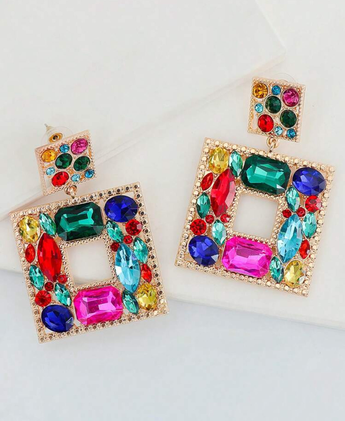 Geometric Crystal Stud Earrings, Suitable For Daily Wear, Vacation, Party - Multi Color