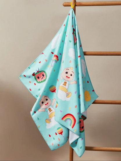 CoComelon Cartoon Character & Rainbow Patterned Kids Blue Bath Towel