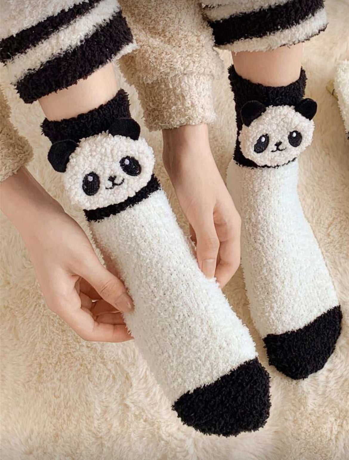 Cozy Plain Solid Color Warmly Soft Fuzzy With Panda Label Stitching On Top Comfort Fluffy Anklet Crew Long Socks
