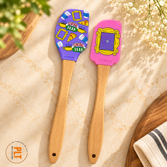 FRIENDS TV Series two-piece silicone spatula set with wooden handles, purple Central Perk pattern and pink frame design