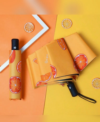 Fully Automatic One-Touch Open Orange/Grapefruit Print Umbrella, 8K Sun Blocking Anti-UV Parasol, Cute Compact Folding Rainproof Umbrella, Suitable For Travel, Wedding Photography, Gift, Water Repellent