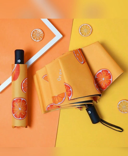 Fully Automatic One-Touch Open Orange/Grapefruit Print Umbrella, 8K Sun Blocking Anti-UV Parasol, Cute Compact Folding Rainproof Umbrella, Suitable For Travel, Wedding Photography, Gift, Water Repellent