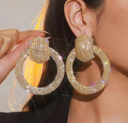 1 Pair Golden Luxury Oversized Rhinestone Stud Earrings, Fashionable For Women, Suitable For Party, Wedding, Gift