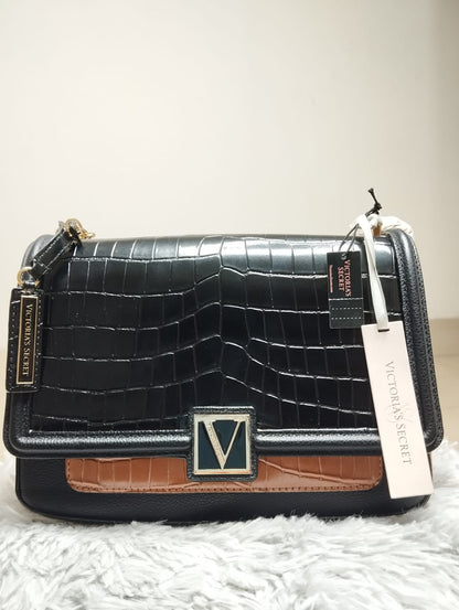 Victoria S ecret Croc Panel Crossbody Bag – Black & Caramel
