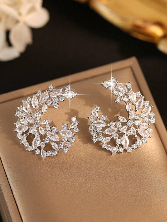 Elegant Leaf-Shaped Cubic Zirconia Flower Stud Earrings
