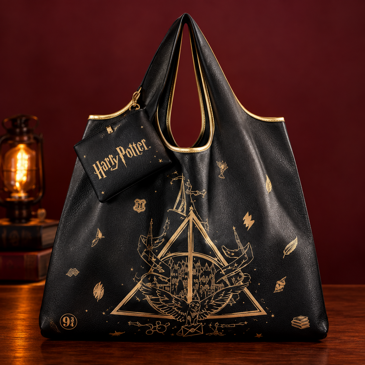 Harry Potter Black Letter and Geo Graphic Deathly Hallows Large Capacity Tote Bag
