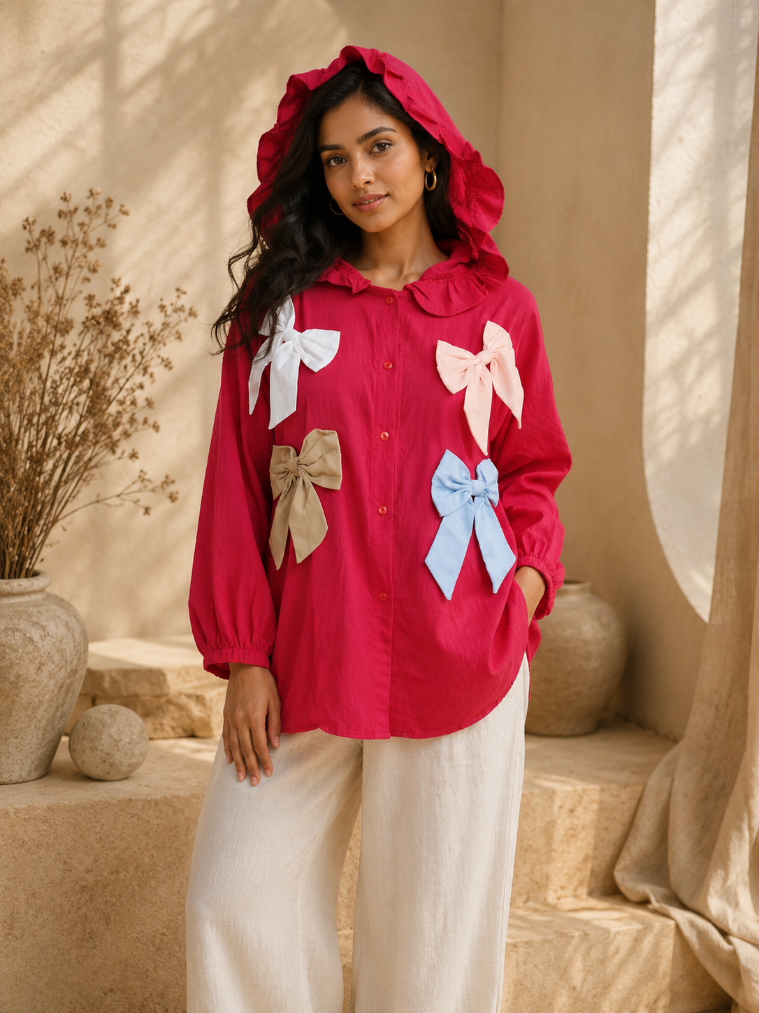Women's pink hooded bow detail shirt