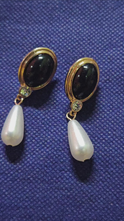 Vintage Black Faux Pearl Teardrop Dangle Earrings