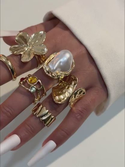 6pcs Stylish Pearl-Studded Hollow Rhinestone Asymmetrical Heart-Shaped Finger Ring Set