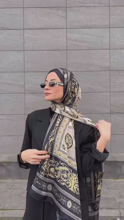 Black Luxurious Fashion Palace Print Scarf Vintage Satin Shawl Imitation Silk Head Wrap Hijab Casual Sunscreen Windproof