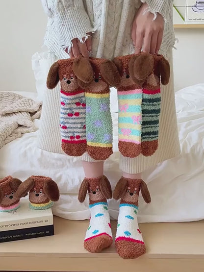 Women's Thick RED Coral Fleece Sausage Dog Fuzzy Slipper Socks, Warm Plush Floor Socks, Cozy Sleeping Socks, Japanese Style Coral Fleece Cartoon Embroidered