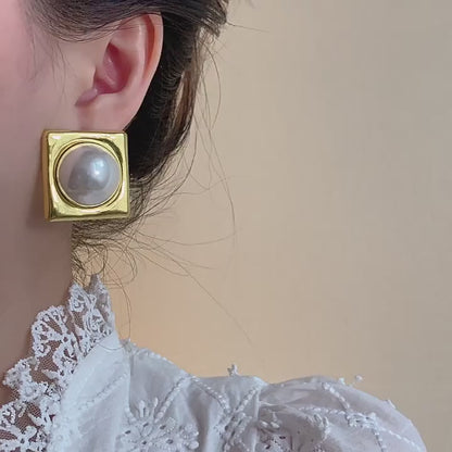 French Style Vintage Chic Rhombus Square & Round Faux Pearl Elegant Earrings For Women, Bride, Street Style