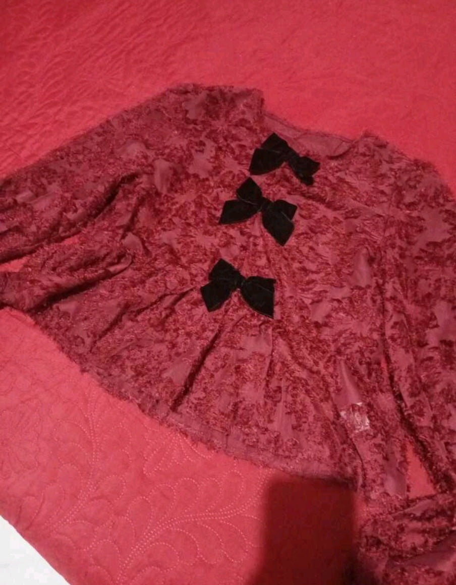 Women's Contrast Color Bow Decor Long Sleeve Shirt Elegant Dress Red Burgundy