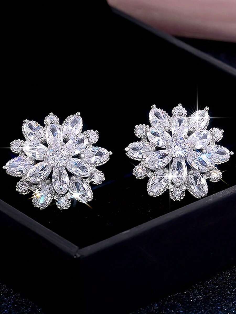 Romantic Floral Cubic Zirconia Big White Stud Earrings