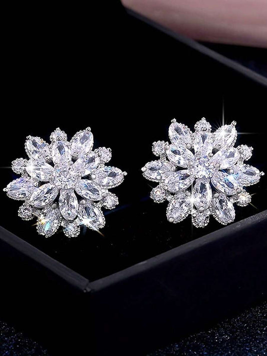 Romantic Floral Cubic Zirconia Big White Stud Earrings