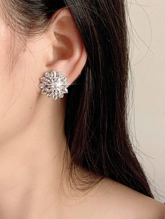 Romantic Floral CZ Zirconia Big Pink Stud Earrings